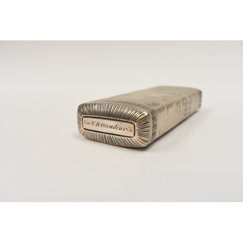 8036 - A 19th Century unmarked cigar case, ribbed with floral borders and lift-lid, the ends engraved 'Wm. ... 