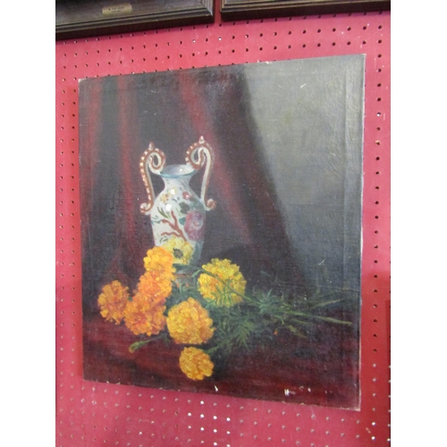 1064 - An oil on canvas depicting still-life of vase and flowers. Unsigned. 45cm x 39cm. Unframed