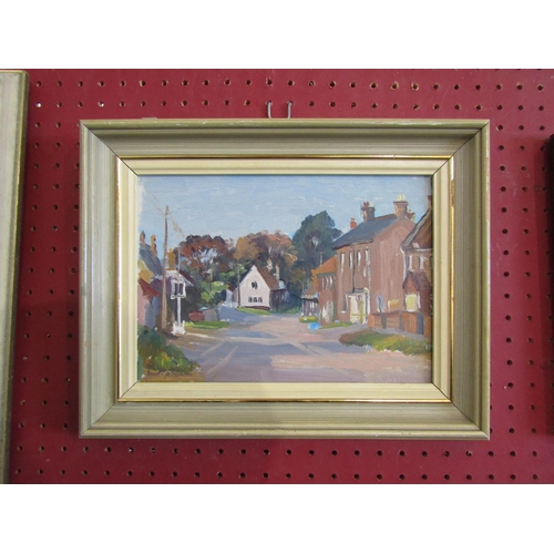 1068 - A framed oil on board, Binham Village scene, Norfolk. Indistinctly signed bottom left and labelled v... 