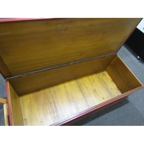 1098 - A red stained beech blanket box of large proportions, 155cm x length x 62cm deep x 44cm height