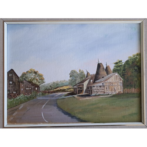 1051 - A framed oil on board, Oast House scene. Indistinctly signed bottom right. Image size 29cm x 39cm