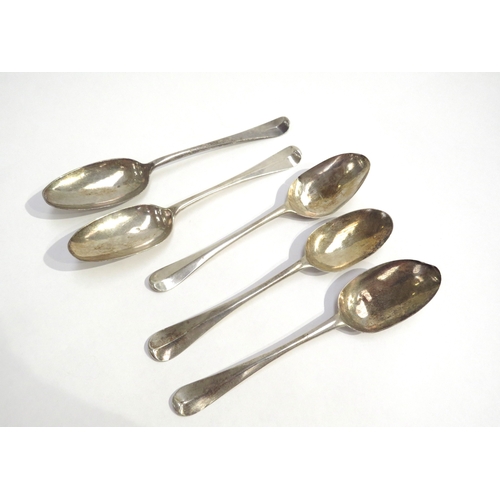 8145 - Five English 18th Century Hanoverian spoons. All with monogrammed handles, 3 with rat tails, various... 