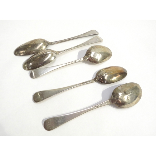 8145 - Five English 18th Century Hanoverian spoons. All with monogrammed handles, 3 with rat tails, various... 