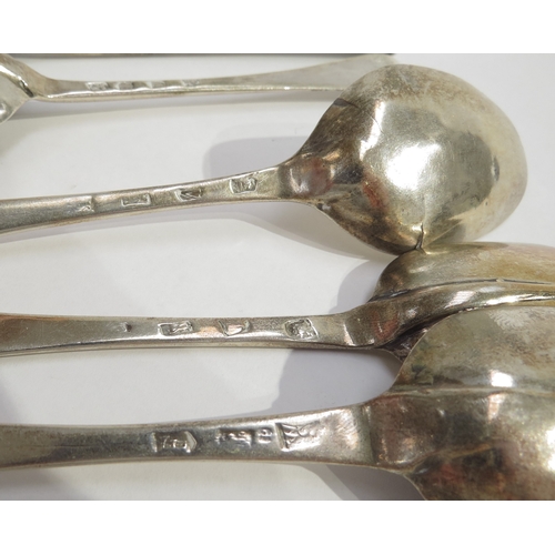 8145 - Five English 18th Century Hanoverian spoons. All with monogrammed handles, 3 with rat tails, various... 