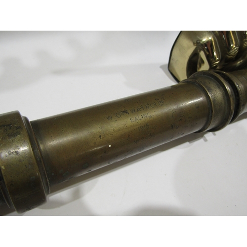 1143 - A Wottway & Co Ltd, Ealing, brass telescope A/F, brass horn, candlestick, etc. (4)