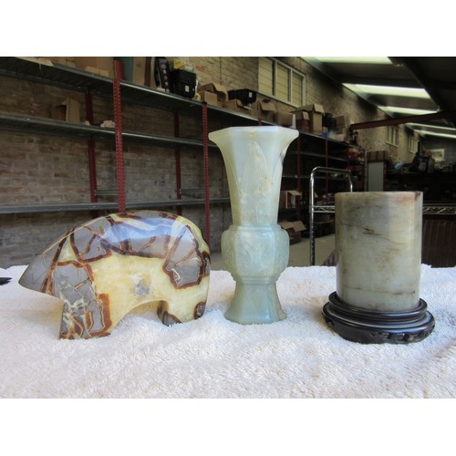 4240 - Two jadeite vases, one of spherical form on wooden base, tallest 16.5cm, and a quartz ornament (3)