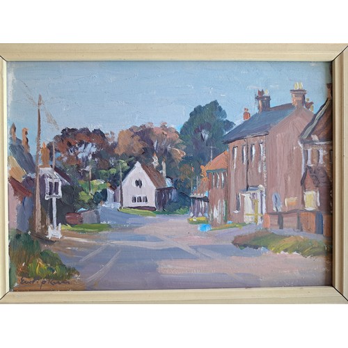 1068 - A framed oil on board, Binham Village scene, Norfolk. Indistinctly signed bottom left and labelled v... 