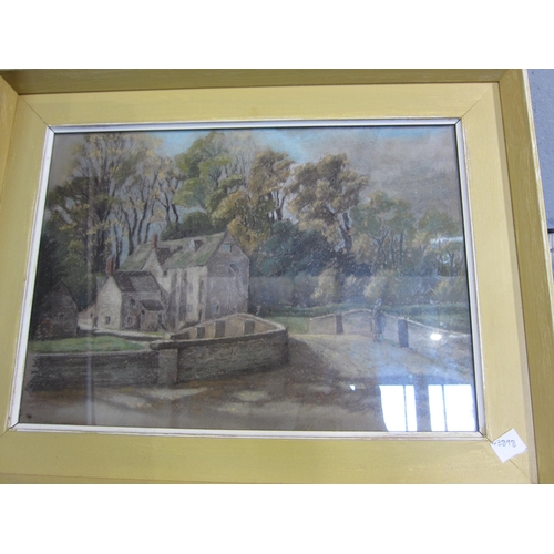 1344 - A pastel depicting bridge, building and figures together with a sketch/watercolour by Alan Lyne enti... 