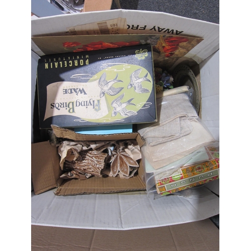 1401 - Three boxes of mixed items, vintage bottles, boxed Wade Flying Birds, Tortoise ornaments etc.