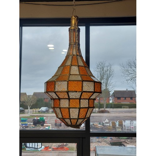 1410 - A large Moroccan hanging glass lantern of classical form, white and orange patterned glass segments ... 