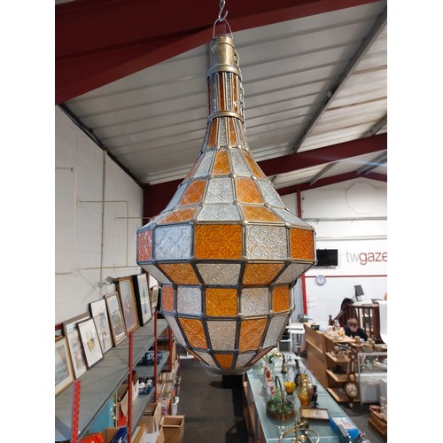 1410 - A large Moroccan hanging glass lantern of classical form, white and orange patterned glass segments ... 