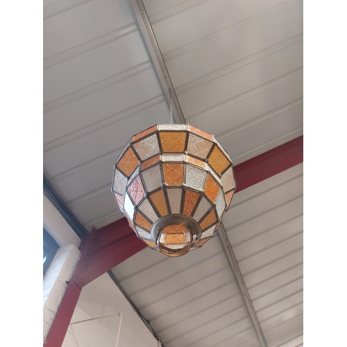 1410 - A large Moroccan hanging glass lantern of classical form, white and orange patterned glass segments ... 