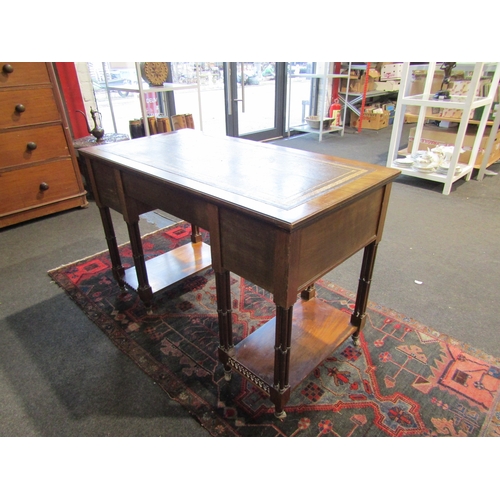 1018 - A Chippendale influenced late Victorian/early Edwardian leather topped twin pedestal desk with blind... 