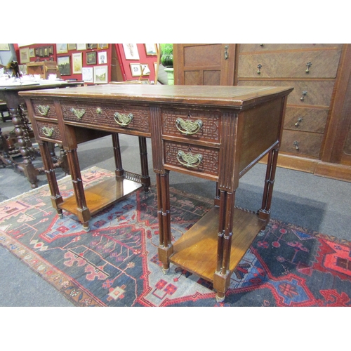 1018 - A Chippendale influenced late Victorian/early Edwardian leather topped twin pedestal desk with blind... 