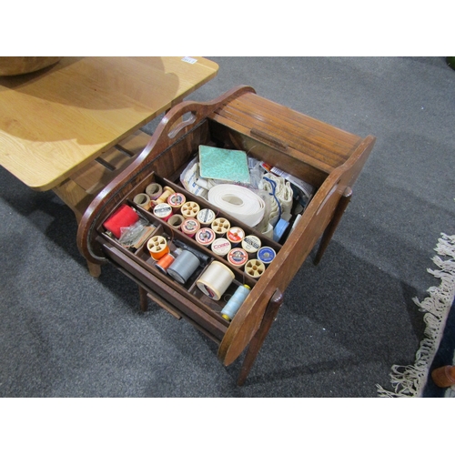 1408 - A mid-century retro teak tambour sewing box and contents