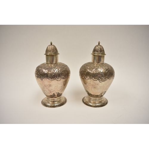 8088 - A pair of Netherlands silver tea caddies/canisters of baluster form, engraved detail to bodies, 13.5... 