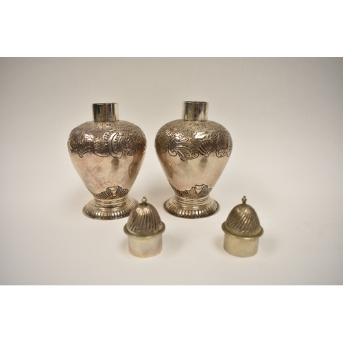 8088 - A pair of Netherlands silver tea caddies/canisters of baluster form, engraved detail to bodies, 13.5... 