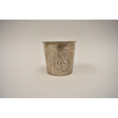 8095 - A mid 18th Century German silver beaker with engraved roundels to body one with crowned monogram dat... 