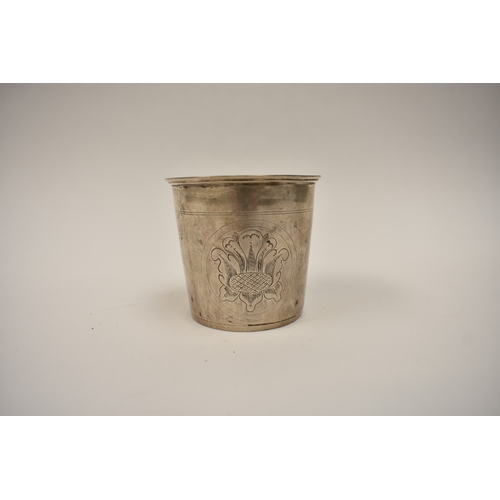 8095 - A mid 18th Century German silver beaker with engraved roundels to body one with crowned monogram dat... 