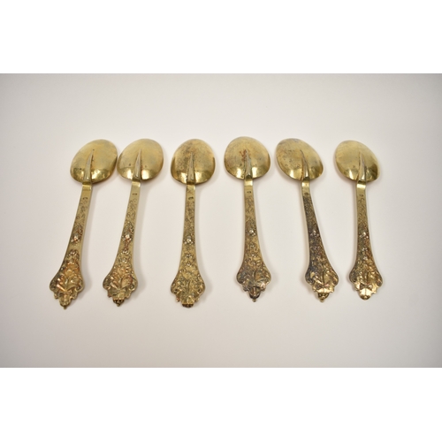 8096 - Six 19th Century Czechoslovakia silver gilt, Trefid spoons with decorative backs, 18.7cm long, 270g