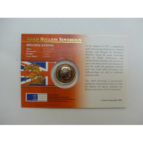 8264 - Elizabeth II 2003 Coronation Anniversary Year Gold Bullion Sovereign in presentation card