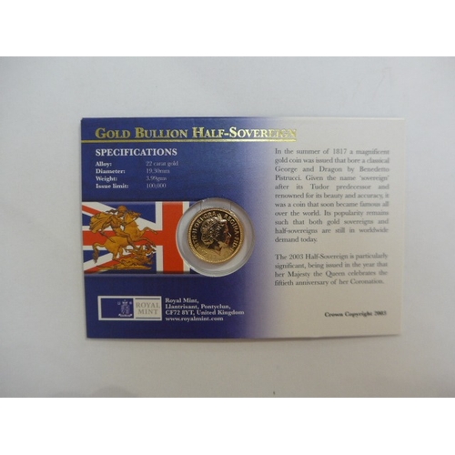 8266 - Elizabeth II 2003 Coronation Anniversary Year Gold Bullion Half Sovereign in presentation card