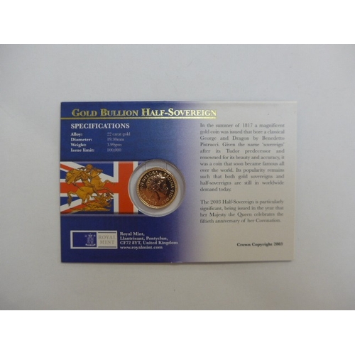 8267 - Elizabeth II 2003 Coronation Anniversary Year Gold Bullion Half Sovereign in presentation card