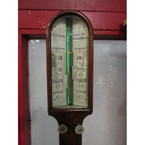 4016 - A Victorian Gargory of Birmingham stick barometer, arched pediment with ivory engraved dial, mercury... 