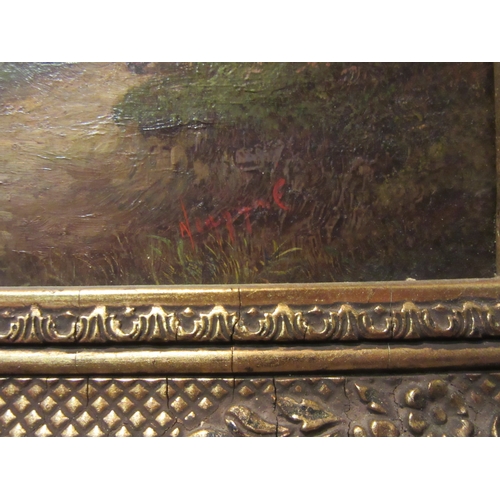 4058 - An oil on board depicting figures in rural riverside scene, indistinctly signed lower right, gilt fr... 