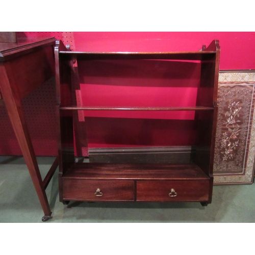 4086 - An Edwardian mahogany three tier wall hanging shelf with two base drawers, 76cm tall x 65cm wide x 1... 