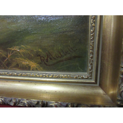 4135 - RICHARD MALLET: An oil on canvas depicting trees, dwelling and cows, signed bottom right, gilt frame... 