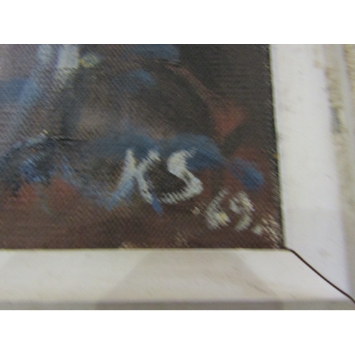 4155 - A framed oil on canvas, horses and figure ploughing. Monogrammed bottom right 'KS' and dated '69. Im... 