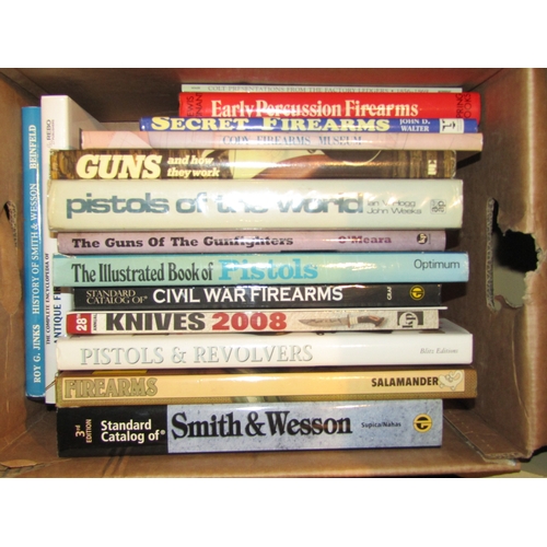 4190 - Two boxes of books on guns, firearms, pistols and revolvers including Colt, Smith & Wesson, hunting ... 