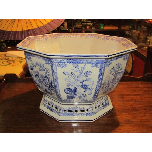 4192 - A Swedish Gustavsberg blue and white ceramic octagonal jardiniere, pierced lower rim, 38cm diameter,... 