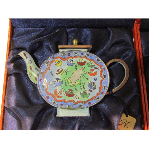 4231 - Three hand painted enamel miniature teapots by Charlottte De Vita, Dolphin, Frogs, Seal in original ... 