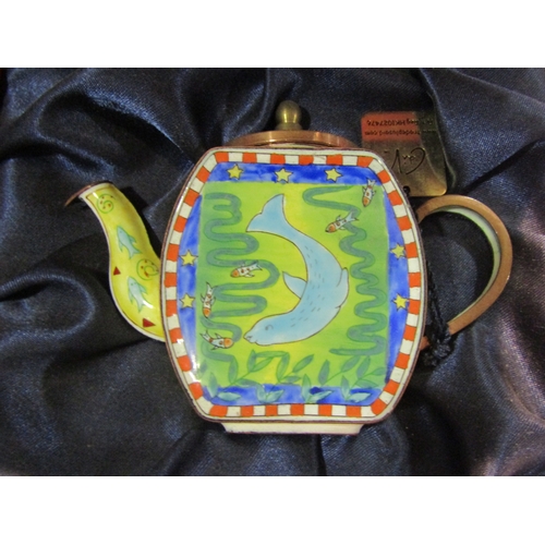 4231 - Three hand painted enamel miniature teapots by Charlottte De Vita, Dolphin, Frogs, Seal in original ... 