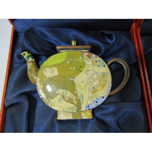 4247 - Two hand painted enamel miniature teapots by Charlotte Di Vita, Gustav Klimt inspired in original bo... 