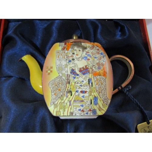 4247 - Two hand painted enamel miniature teapots by Charlotte Di Vita, Gustav Klimt inspired in original bo... 