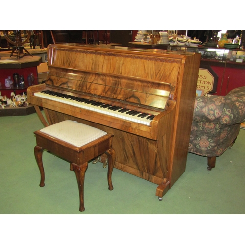 4106 - An Art Deco style Challen upright piano, figured walnut case, together with a piano stool (2)