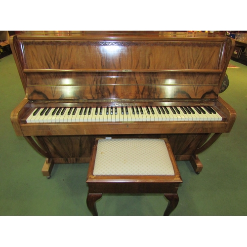 4106 - An Art Deco style Challen upright piano, figured walnut case, together with a piano stool (2)