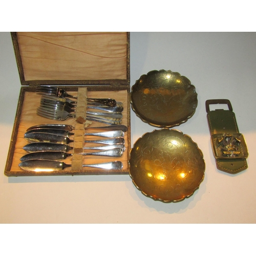 4271 - A canteen of plated cutlery, fish knives and forks, two brass dishes and a bottle opener