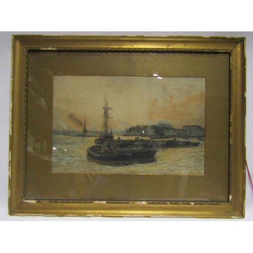 4391 - After W. L. Wyllie: A framed and glazed print in colours, dock scene with barges. Signed in the prin... 