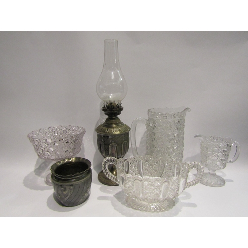 4393 - A selection of glassware, some hobnail cut to include jug and twin handled vase, together with four ... 