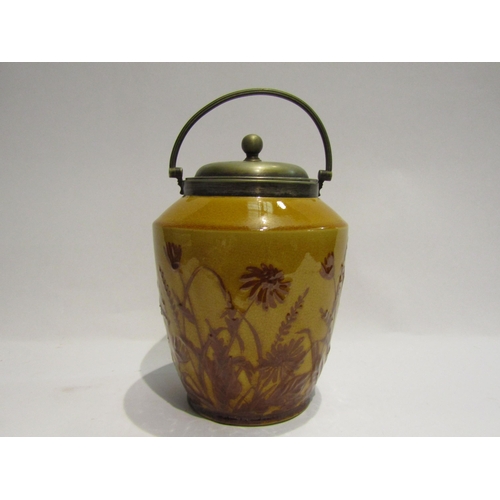 4402 - A Linthorpe glazed stoneware biscuit barrel, floral design with lid, marked 