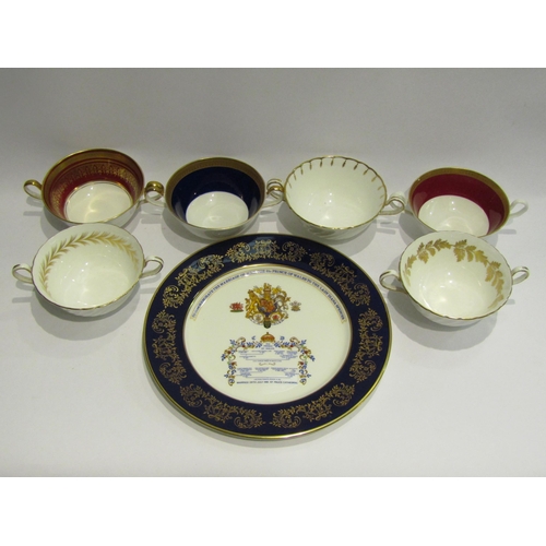 4406 - Six Aynsley soup bowls with gilt decoration and an Aynsley commemorative plate, boxed