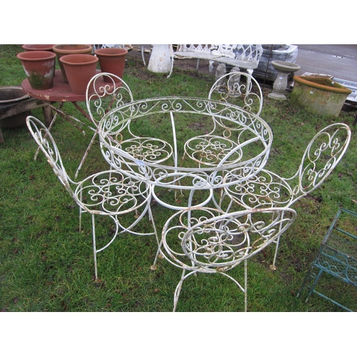 7073 - A steel round table base, no top and five matching chairs, 91cm diameter