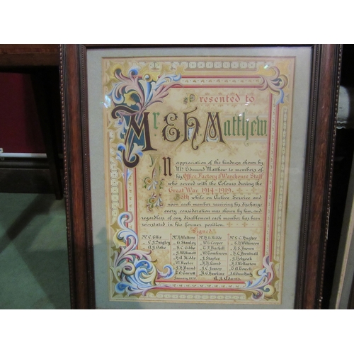 4059 - A framed display of Will's cigarette cards of historic houses, a presentation certificate for servic... 