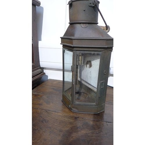 8491 - A Vintage copper wall lantern with modern electrics to interior, 41cm tall x 21.5cm wide