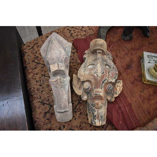 8617 - New Britian (Papua New Guinea) two polychrome wood carvings possibly house brackets one with major c... 