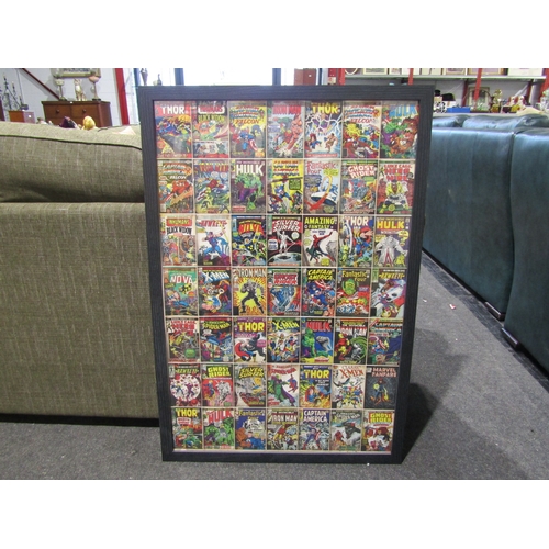 1074 - A display of reproduction Marvel posters, framed, 91cm x 60cm image size, and an oil on canvas of oc... 